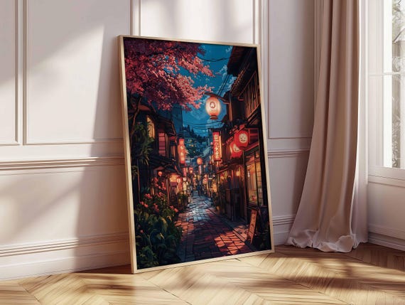 Serene Tokyo Night Print, Cherry Blossom Poster, Japan Street Art
