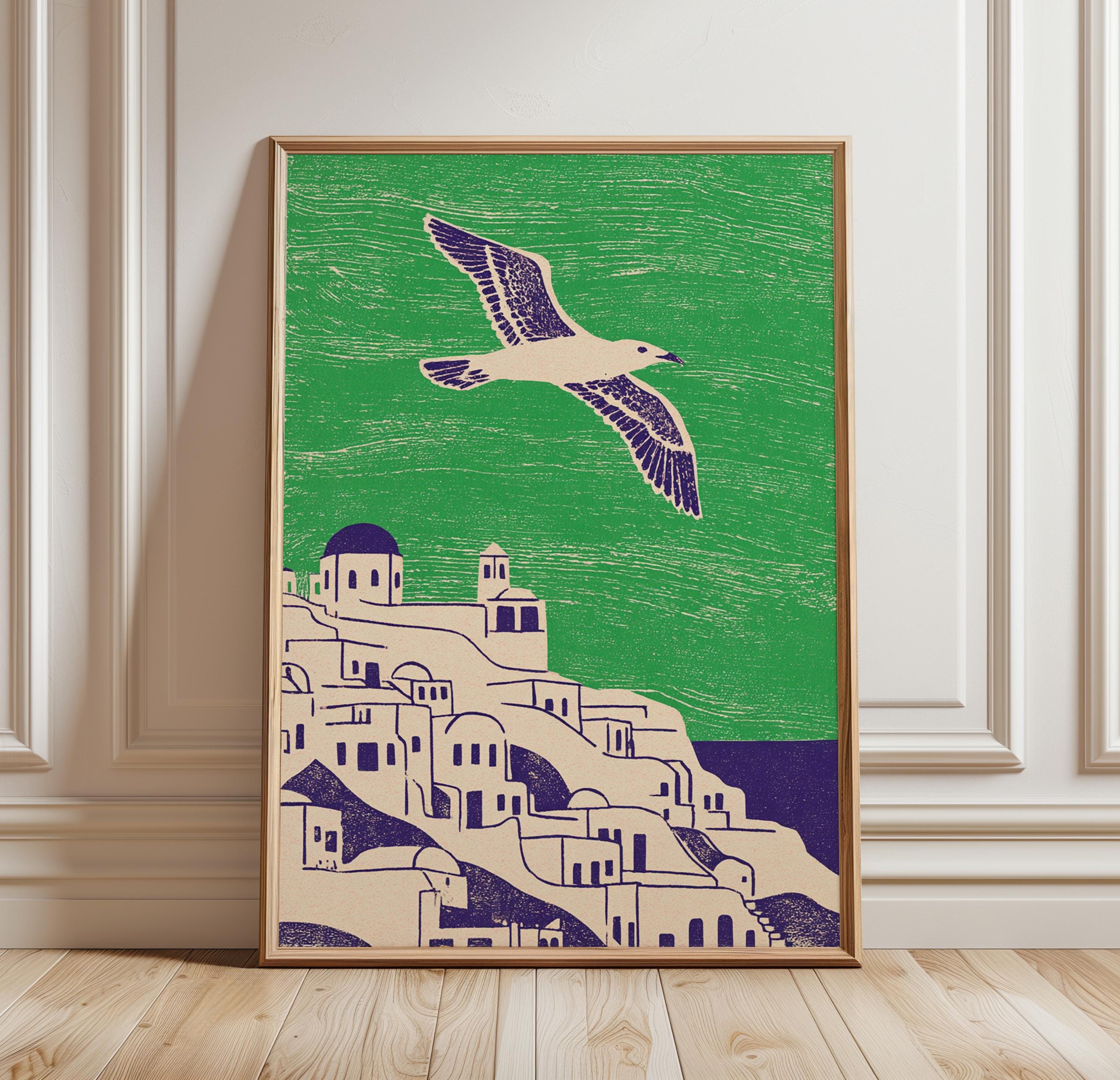 Blue Green Coastal Wall Art Poster Seagull Ocean Cliff Illustration ...