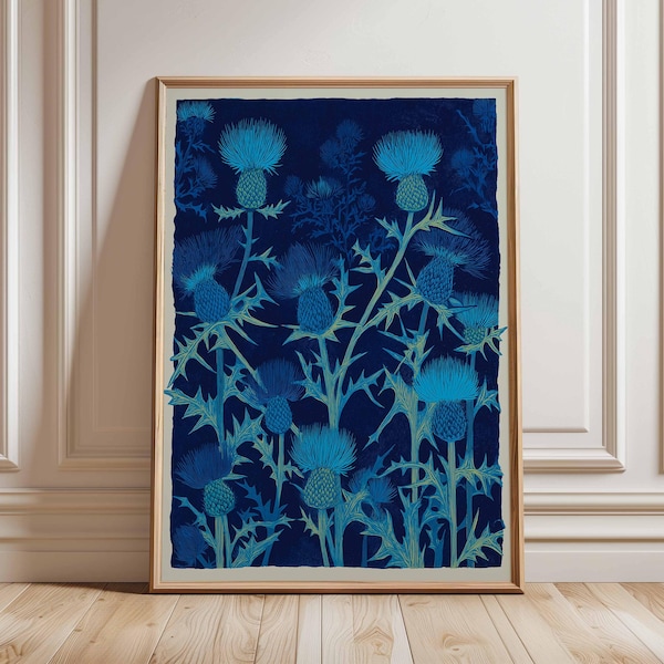 Scottish Thistle Wall Art, linocut style print, blue botanical poster, floral nature decor, Scotland national flower art, elegant wall art