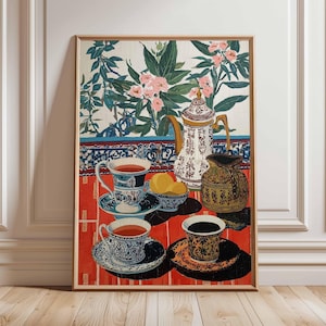 Vintage Tea Set Poster, Oriental Teapot Wall Art Print, Floral Teacups and Table Decor, Classic Kitchen Artwork