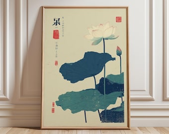 Japanese Lotus Poster, Retro Wall Art, Vintage Botanical Art Print, Flower Minimalist Decor