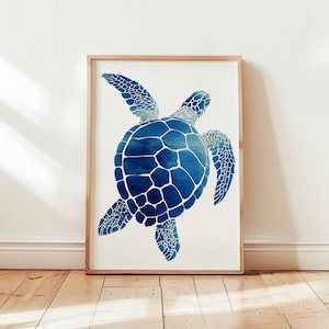 Blue Sea Turtle Wall Art Coastal Ocean Animal Print Nautical Beach House Decor Marine Life Poster Unframed Watercolor Style