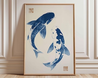 Koi Fisch Poster - Japanischer Wandkunstdruck, Pinselmalerei mit Blauer Tusche, Zen Minimalistisches Dekor, Traditionelles Asiatisches Kunstwerk, Feng Shui Wohndesign
