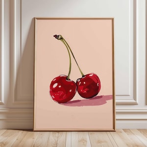 Cherry Fruit Poster, Minimalist Kitchen Wall Art Print, Red Cherry Illustration Decor, Modern Fruit Artwork, Unframed Pink Food Print