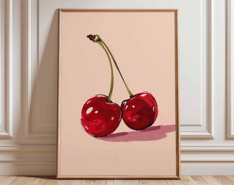 Affiche de fruits cerises, impression d'art mural cuisine minimaliste, décoration illustration cerise rouge, oeuvre d'art moderne fruits, impression alimentaire rose sans cadre