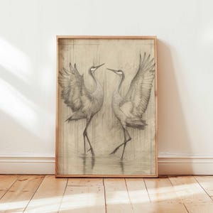 Tanzende Kraniche Wand Kunst Druck, Vintage Bleistift Vogel Skizze Poster Design, Elegante Natur Ungerahmt Dekor, Monochrome Wildtier Kunstwerk