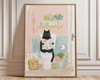 Funny Cat Bathroom Art, Quirky Animal Toilet Poster, Whimsical Whimsy Print, Pastel Home Decor, Cat Lover Gift