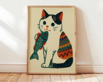Folk Art Cat Print, Colorful Cat Poster Vintage Wall Art, Whimsical Animal Illustration Retro Cat Decor, Playful Cat Wall Artwork
