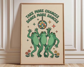 Dancing Frogs Poster Print – Funny Retro Disco Wall Art Positive Quote Illustration Funky Animal Artwork for Kids Room Dorm Home Decor