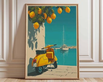 Retro Italienischer Vespa Roller Kunstdruck, Vintage Amalfi Küste Reise Poster, Gelbes Küsten Dekor