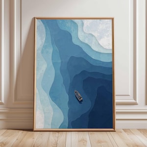 Minimalist Abstract Ocean Waves Art Print, Modern Coastal Wall Decor, Aesthetic Blue Nautical Sea Poster