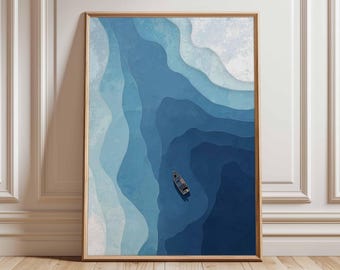 Puede incluir: Lámina artística enmarcada que representa un barco sobre una extensión de agua azul. La obra utiliza tonos de azul para crear profundidad. El barco está detallado, añadiendo un punto focal a la escena serena. Ideal para la decoración del hogar.