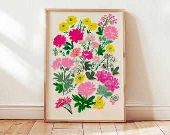 Floral Wall Art Print, Colorful Botanical Poster, Bright Flower Artwork for Living Room, Modern Nature Inspired Home Decor