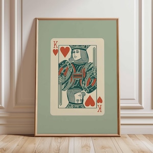 King of Hearts Poster, Vintage Playing Card Wall Art Print, Retro Casino Poker Room Decor, Mid Century Modern Game Artwork