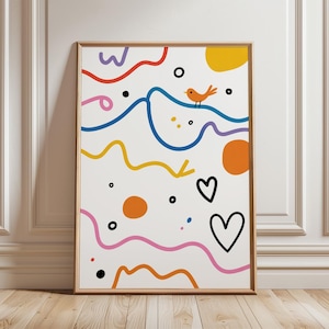 May include: A framed art print featuring a white background with colorful abstract shapes. The design includes wavy lines in red, blue, yellow, and pink, along with orange circles, black dots, and two black outlined hearts. A small orange bird is perched on a blue line.