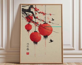 Red Lantern Poster, Chinese Lantern Wall Art, Cherry Blossom Print