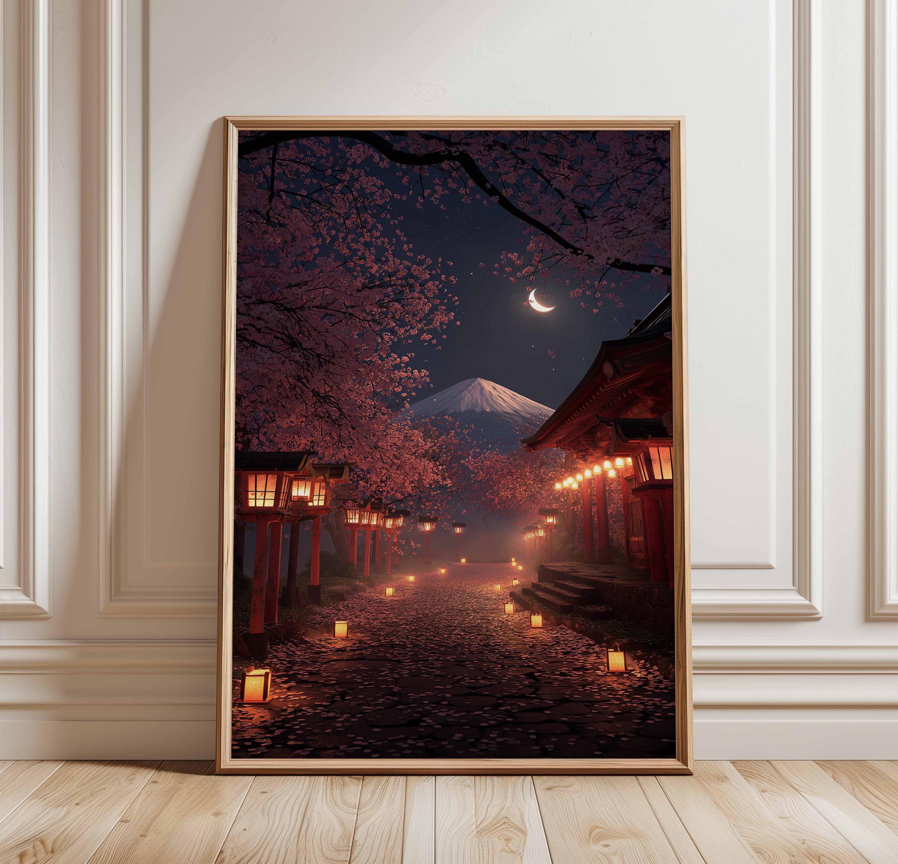 Mt. Fuji Night Print, Japanese Lantern Path Poster, Cherry Blossom