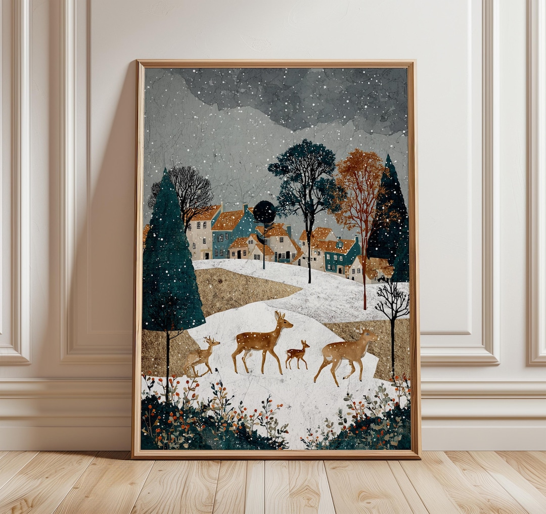 Winter Deer Landscape Art Print, Rustic Christmas Wall Art, Snowy ...