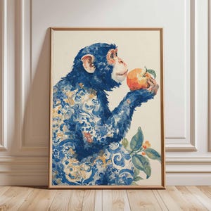 Blue Monkey Art Print – Decorative Jungle Animal Poster, Peach Tree Wall Art, Whimsical Botanical Monkey Illustration (Unframed)