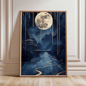 Golden Moonlit Pagoda Poster – Moon and Mountain Landscape Art, Tranquil Water Reflection, Asian-Inspired Wall Decor, Elegant Nature Print