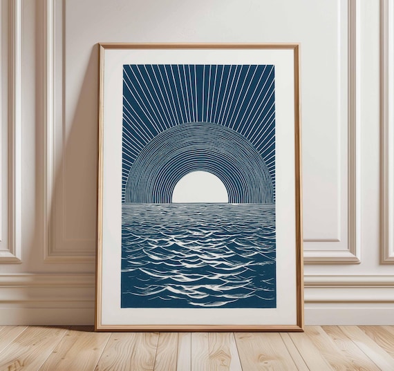 Ocean Sunrise Wall Art, Modern Minimalist Blue Sea Print