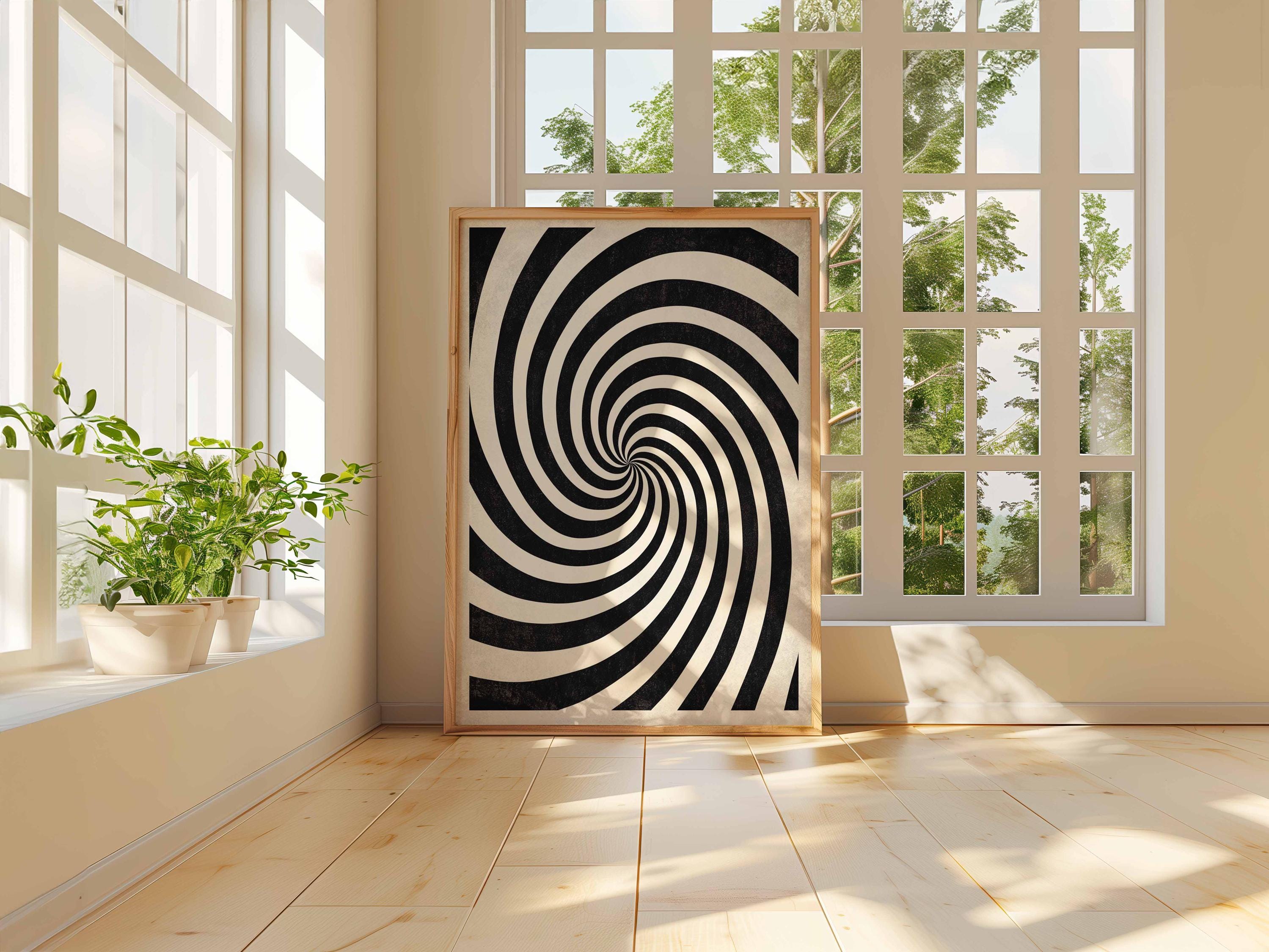 Black White Op Art Swirl Print, Psychedelic Wall Poster, Hypnotic