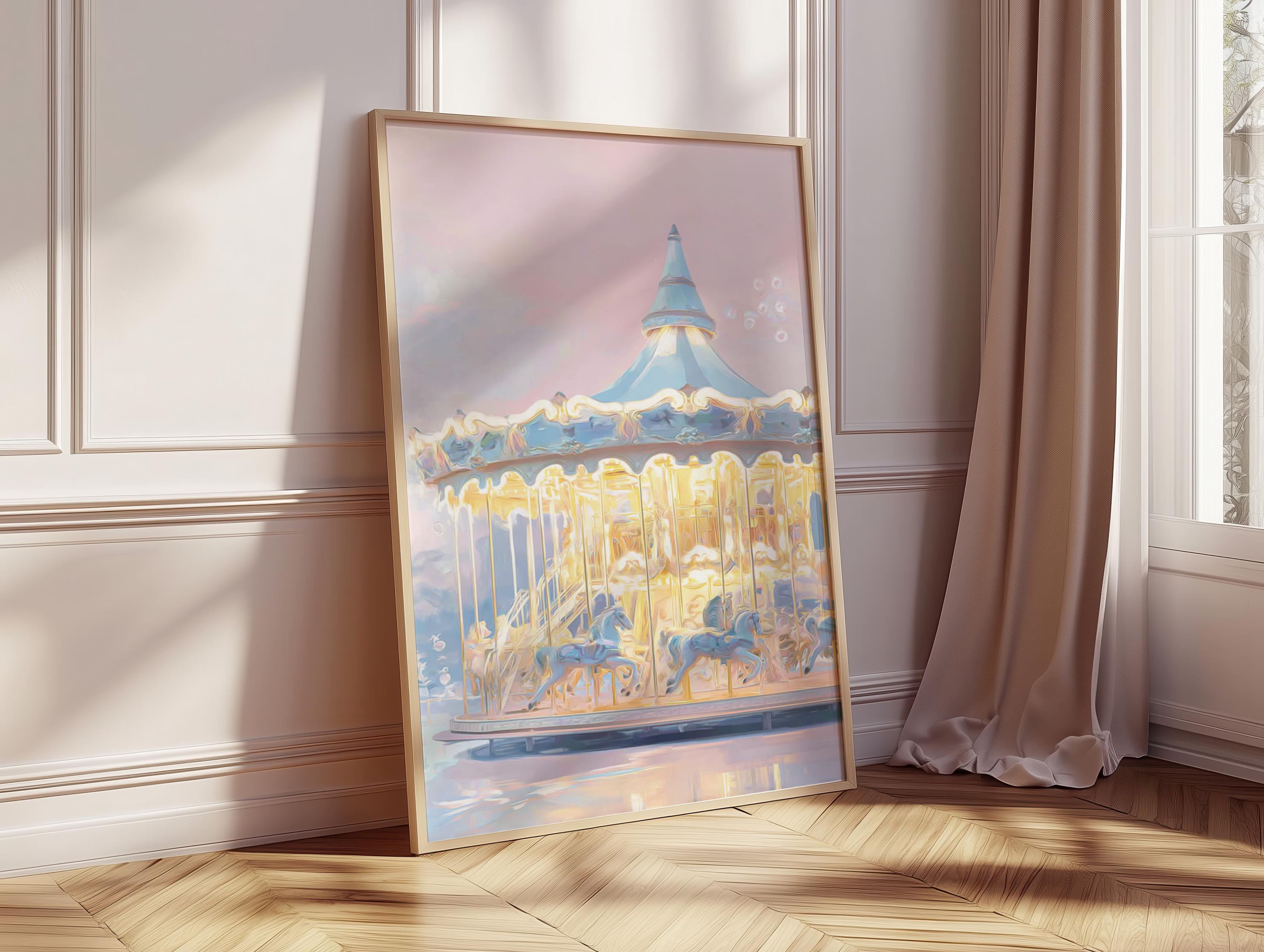 Vintage Carousel Art Print, Pastel Nursery Wall Decor, Dreamy Blue Pink ...