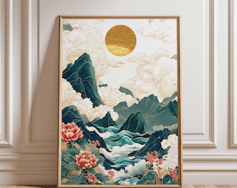 Oriental Mountain Landscape Wall Art, Golden Sun and Lotus Flowers Poster, Japanese-Inspired Nature Print for Home Decor