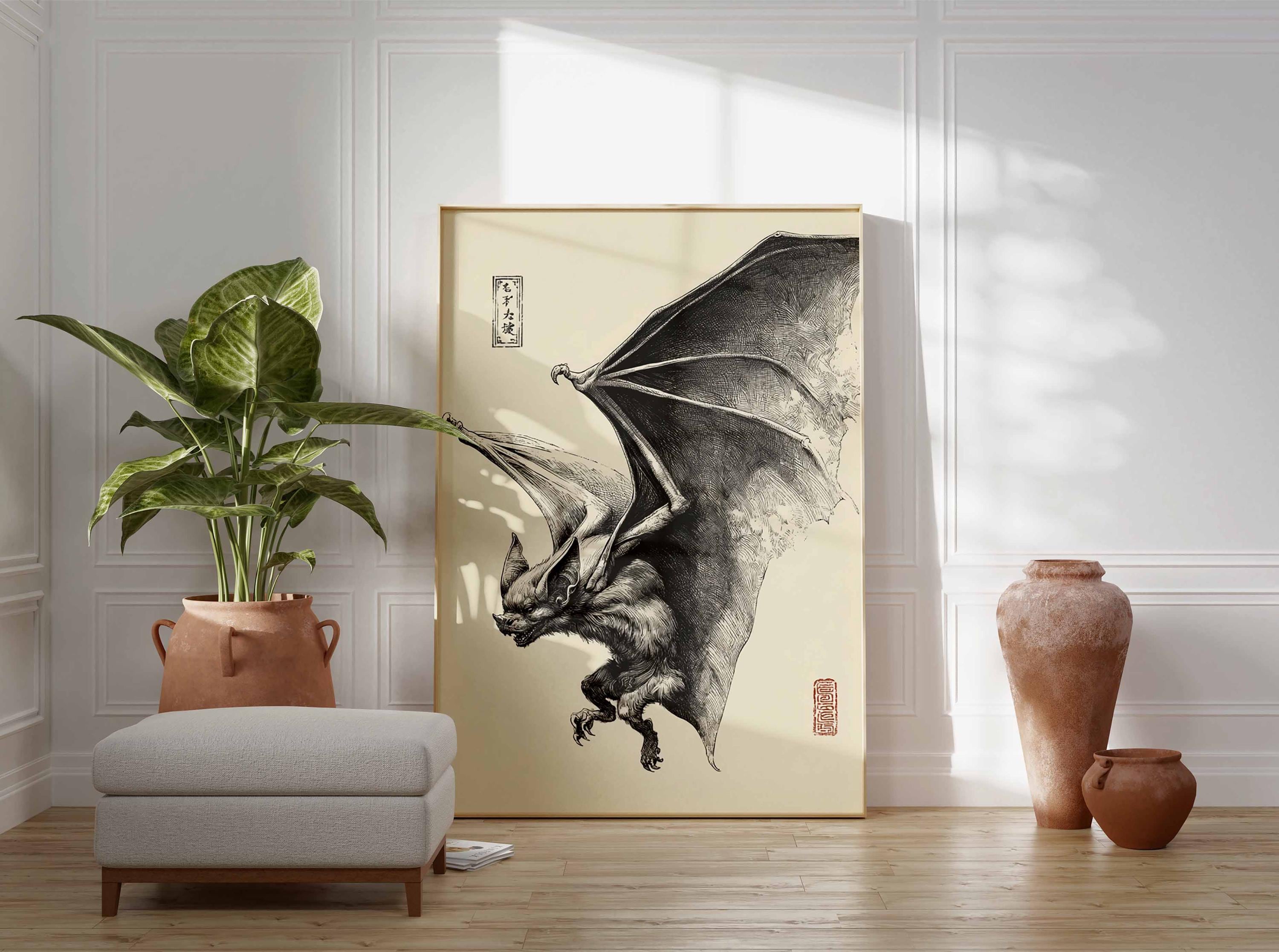 Japanese Bat Poster – Vintage Gothic Ink Drawing Wall Art Print