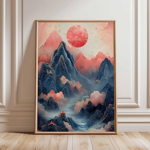 Red Sun Mountain Landscape Poster, Asian Style Art Print, Misty Mountains and Temples, Tranquil Nature Art, Oriental Wall Decor