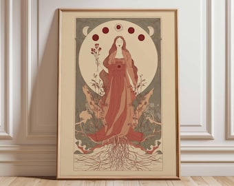 Impressão de pôster da Deusa da Lua – Arte de parede Boho mística, ilustração espiritual feminina divina, arte do ciclo lunar com bruxaria para decoração de casa