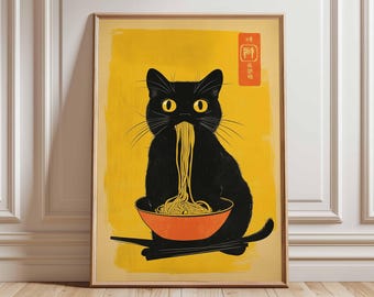 May include: A framed art print featuring a black cat eating noodles from an orange bowl. The cat has yellow eyes and is set against a yellow background. The print includes Japanese text in a red box.