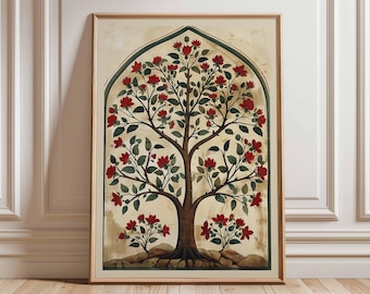 Póster del Árbol de la Vida, arte mural botánico vintage, estampado de flores rojas