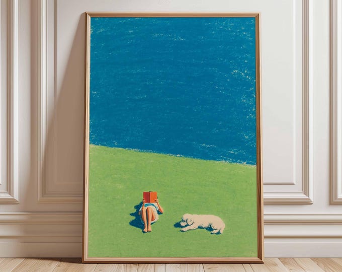 Summer Reading Poster, Minimalist Beach Lawn Wall Art, Relaxed Dog and Book Print, Modern Seaside Inspired Artwork, Coastal Home Decor