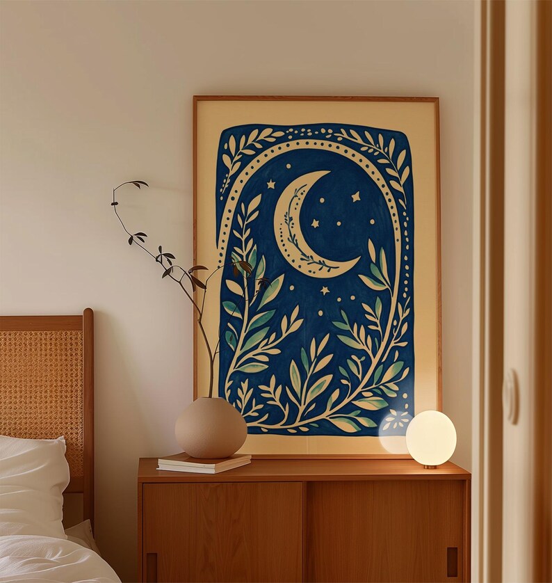 Crescent Moon Poster, Celestial Night Sky Wall Art Print, Botanical ...