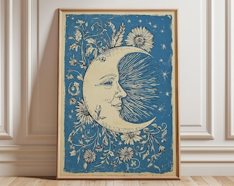 Impression d'art mural lune | Illustration céleste vintage | Poster botanique ciel nocturne