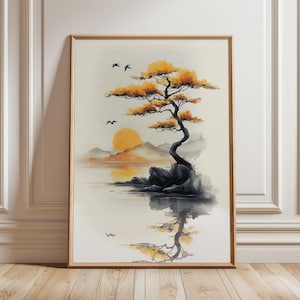 May include: A framed art print depicting a tranquil landscape with a bonsai tree. The artwork features an orange sunset, mountains, and a reflective lake. The tree's foliage is orange, contrasting with the dark trunk and rocks, creating a peaceful scene.