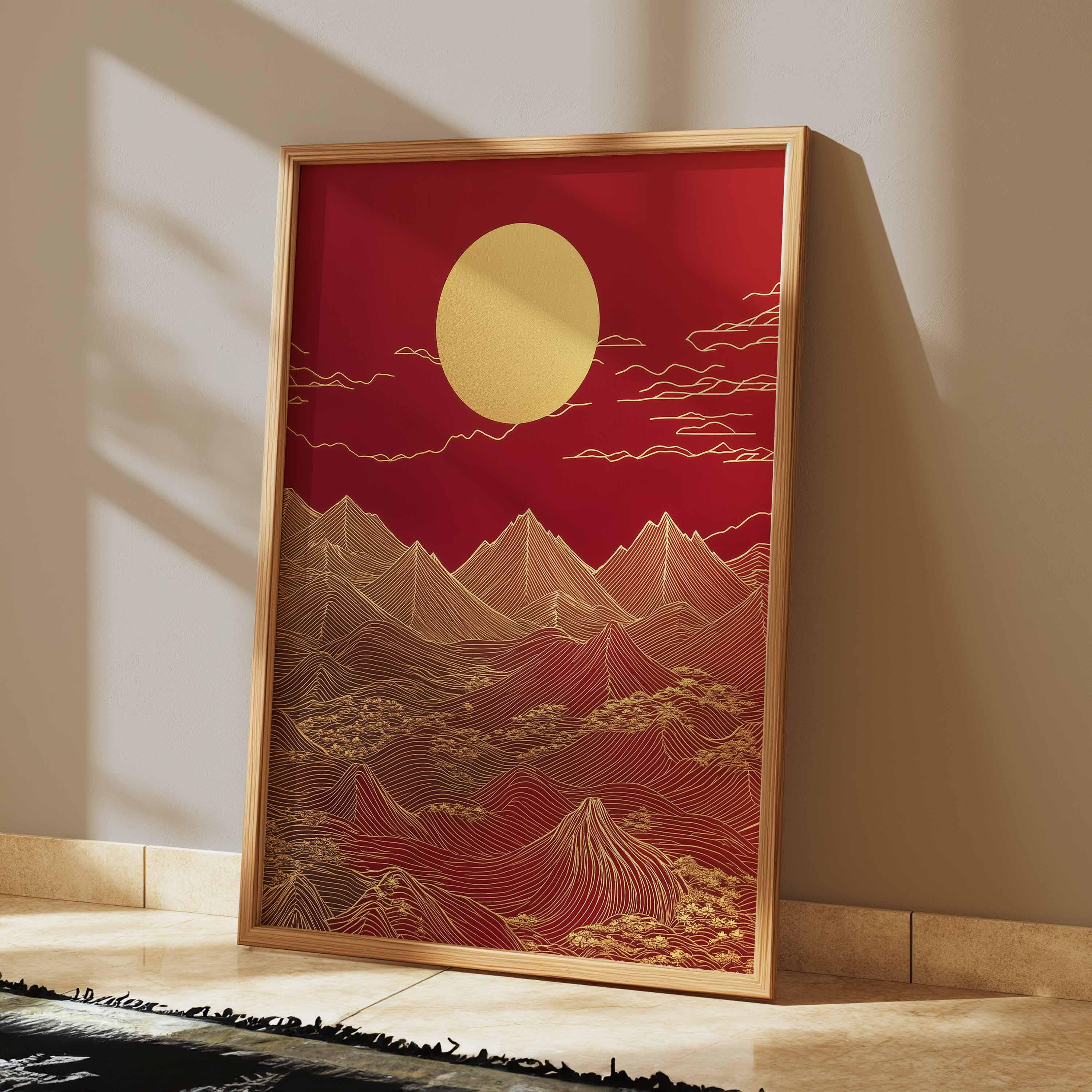 Red and Gold Mountain Art Poster, Abstract Asian Landscape, Golden
