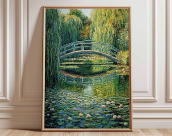 Arte mural de puente japonés, pintura impresionista, impresión de jardín de Monet, póster de decoración de nenúfares, arte paisajístico sereno, decoración de pared natural