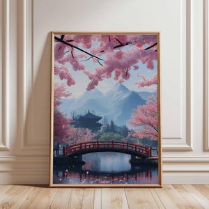 Japanese Cherry Blossom Bridge Poster, Asian-Inspired Landscape Art, Sakura Blossom Scene, Tranquil Nature Print, Oriental Wall Art