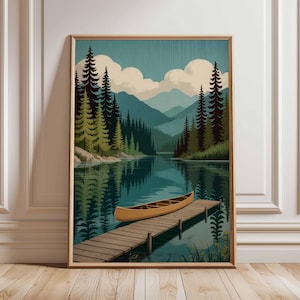 Canoe Lake Poster, Mountain Forest Wall Art, Nature Landscape Print, Scenic Lakehouse Decor, Rustic Cabin Poster