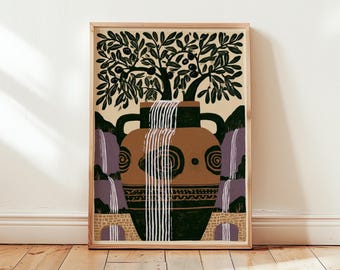 Mediterranean Olive Tree Poster, Folk Landscape Art, Paper Print
