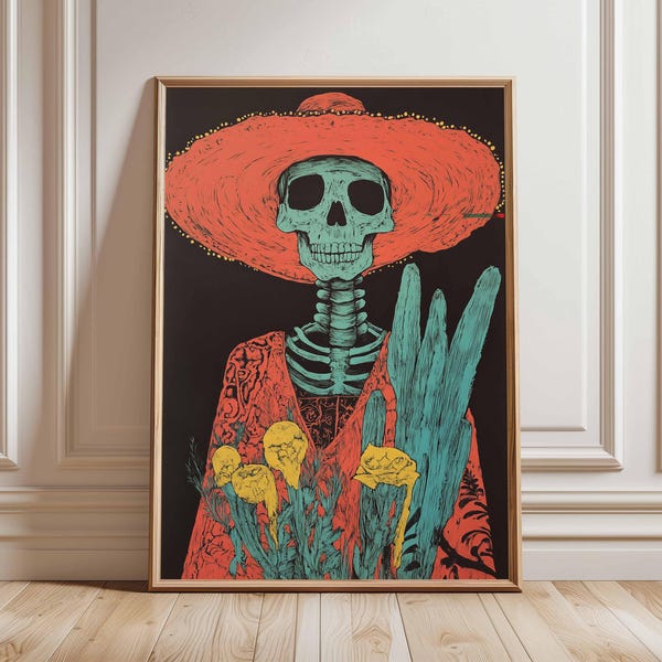 Print Day of the Dead, volkskunst skeletposter, maximalistische Calavera-muurkunst, gedurfd gotisch decor, Dia De Muertos-cadeau