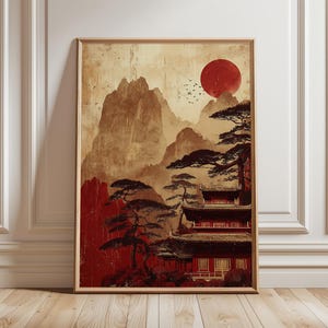 Traditional Japanese Temple Art Print, Red Asian Landscape Wall Decor, Vintage Zen Poster