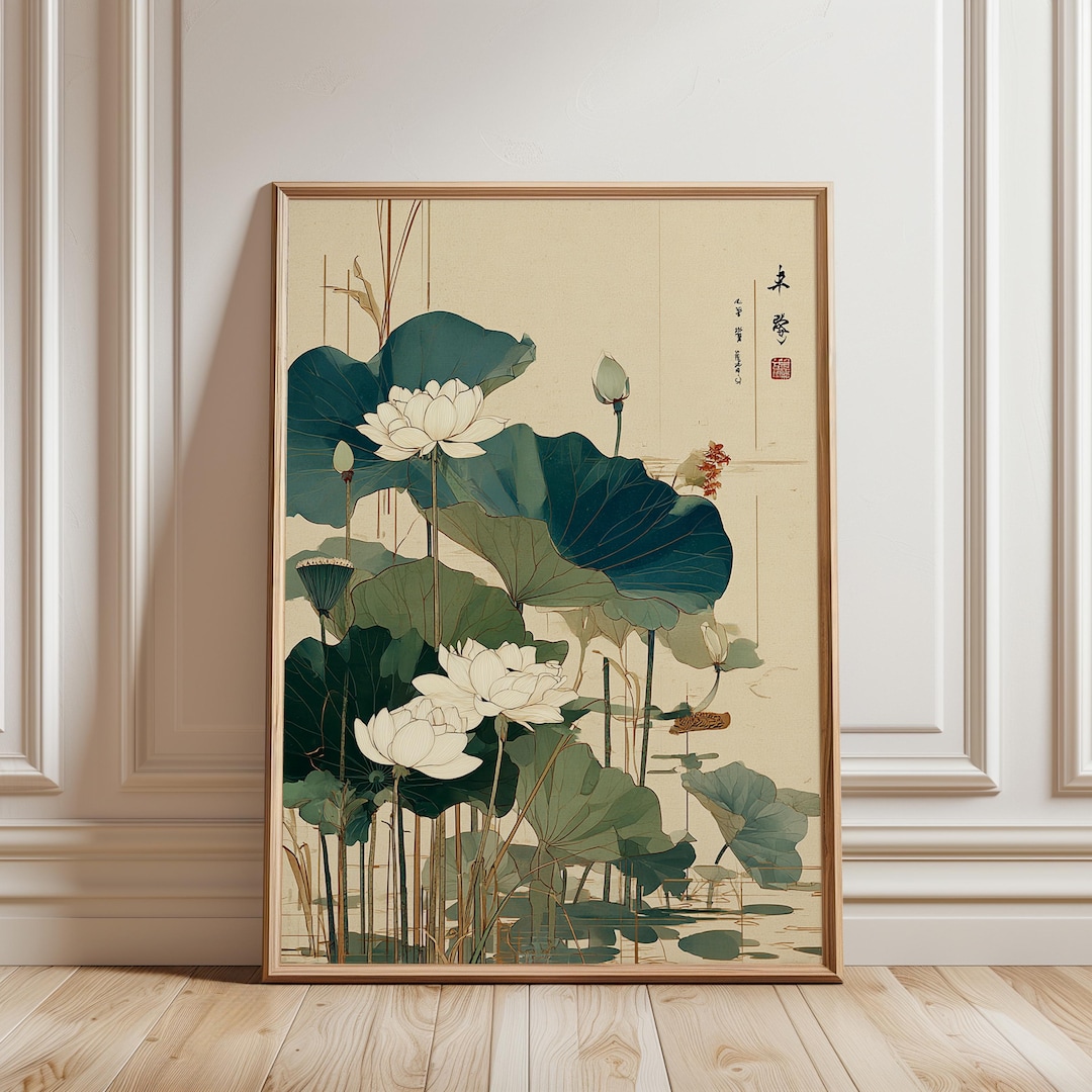 Japanese Lotus Flower Poster Green Beige Wall Art Botanical ...