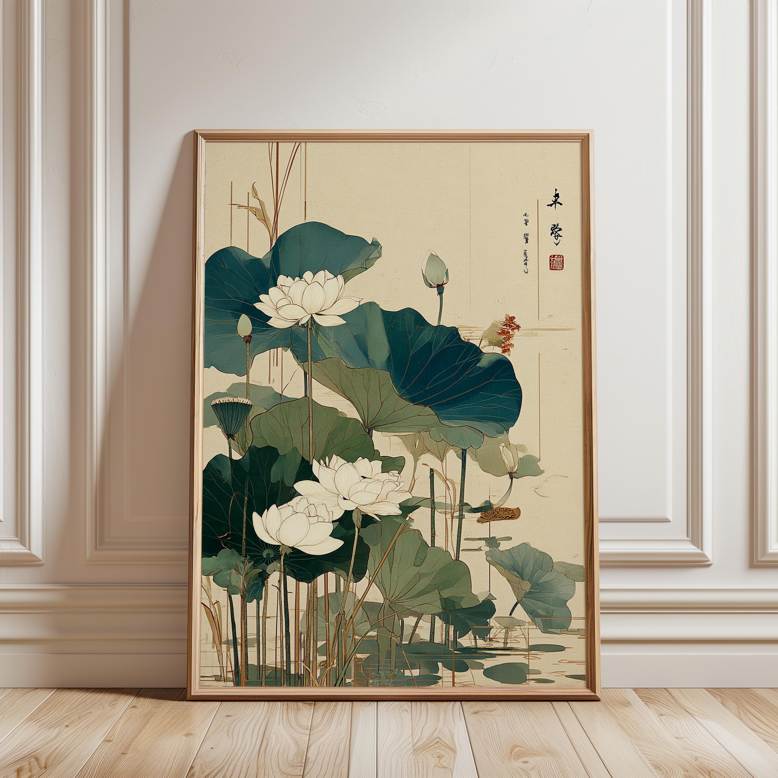 Japanese Lotus Flower Poster Green Beige Wall Art Botanical ...