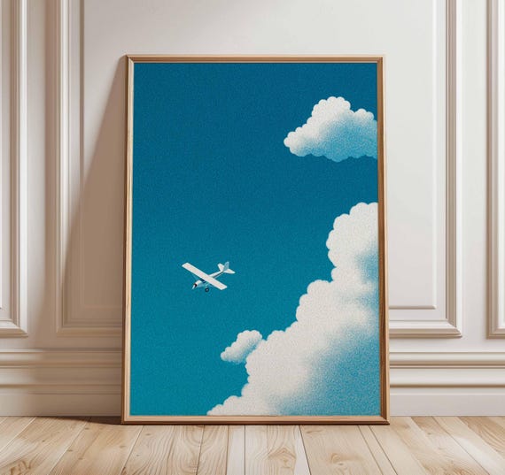 Airplane Wall Art, Vintage Aviation Poster, Minimalist Sky Print, Retro Travel Artwork, Modern Cloud Wall Decor, Blue Sky Airplane Poster