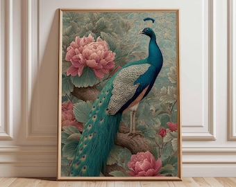 孔雀の水彩画、エレガントな鳥のアート、花の自然のプリント、華やかな