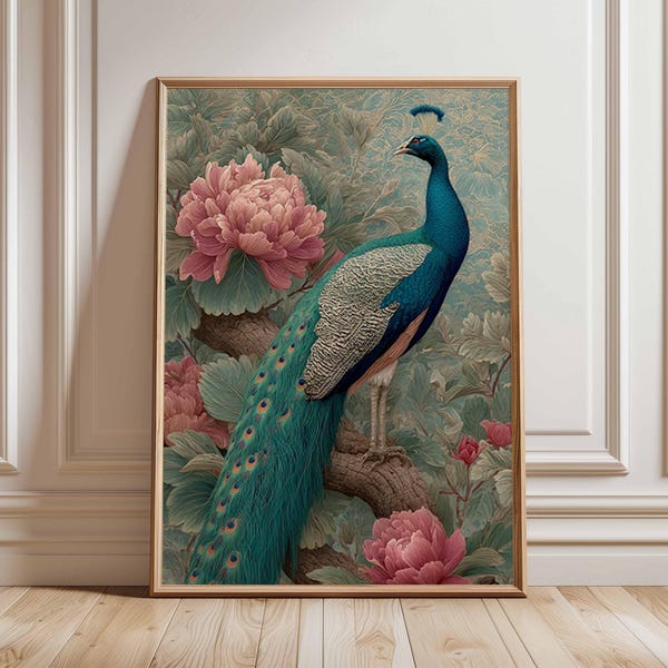 Poster con pavone: elegante stampa murale con uccelli e motivi floreali e botanici, stampa di animali esotici per l'arredamento del soggiorno o della camera da letto.