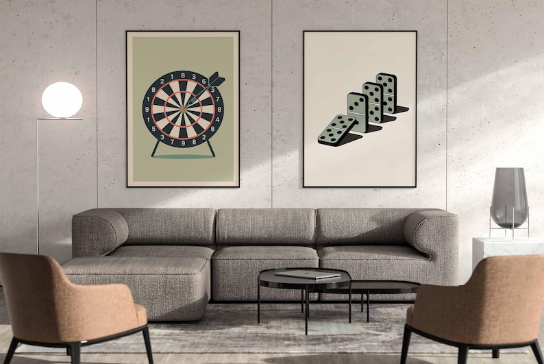 Game Room Wall Art Poster Set of 2, Dartboard and Domino Prints, Retro ...